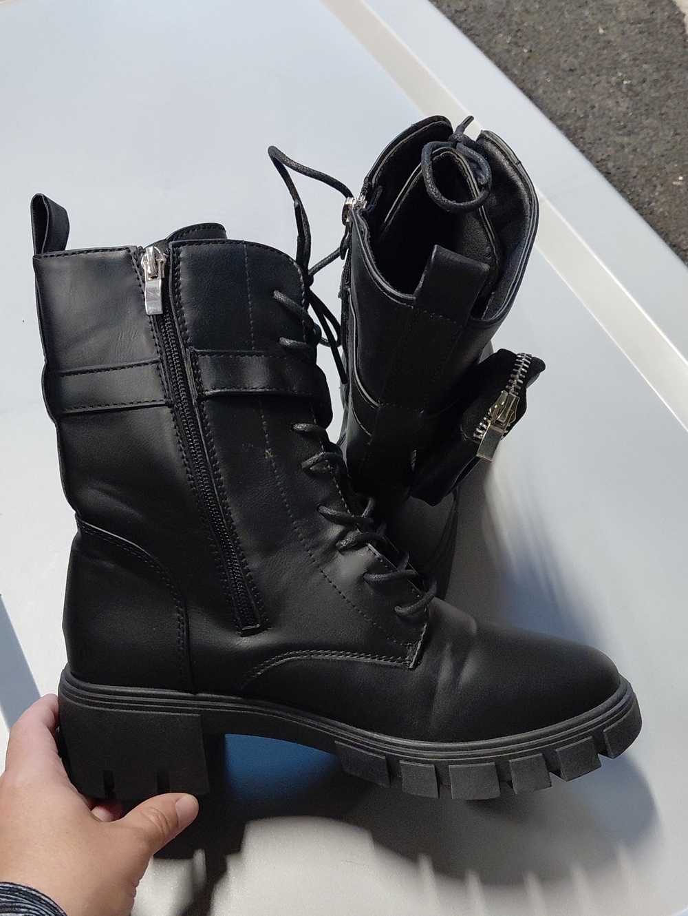 QUPID 8 Black Lace-Up Moto Combat Boots - Stylish Women's Boots With Pouch